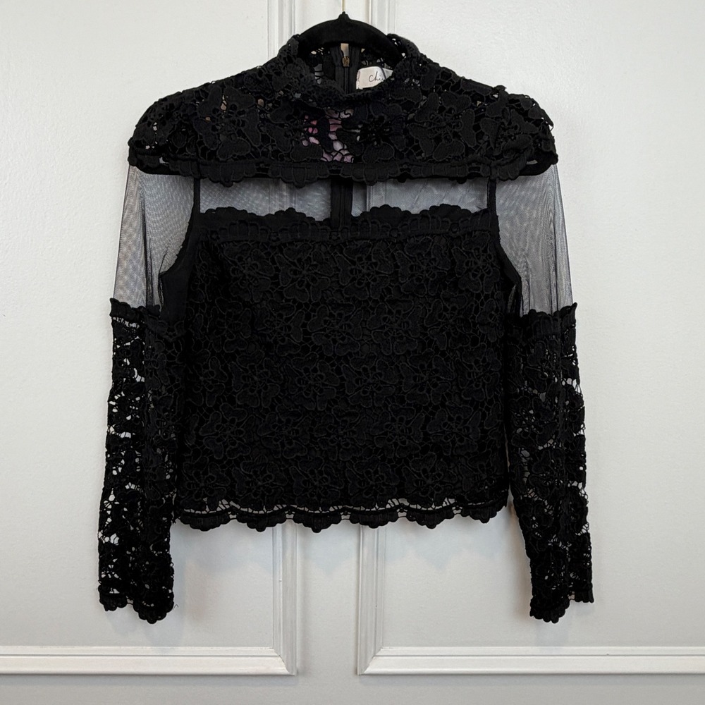 Chicwish Womens Black Floral Crochet‎ Lace Mesh High Neck Long Sleeve Top Sm NWT